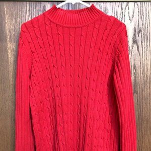 Studio Works Women's Cable Knit Ribbed Sweater Medium Red Mock Neck 100% Cotton
